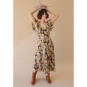 The Great Parish Victorian Rose Floral Ruffle Silk Belted Maxi Dress Sz 1/Small